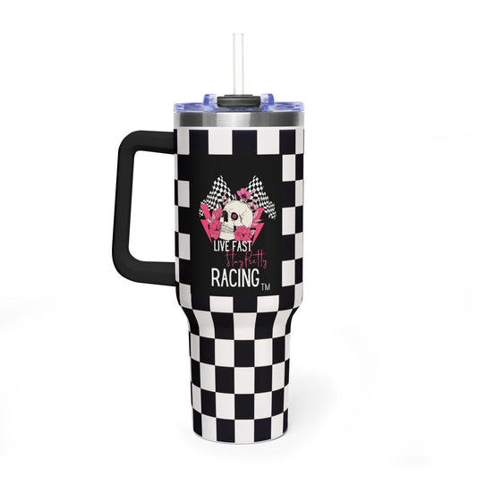 40oz Racing Checkered Vacuum Tumbler — "Live Fast Racing" Insulated Cup