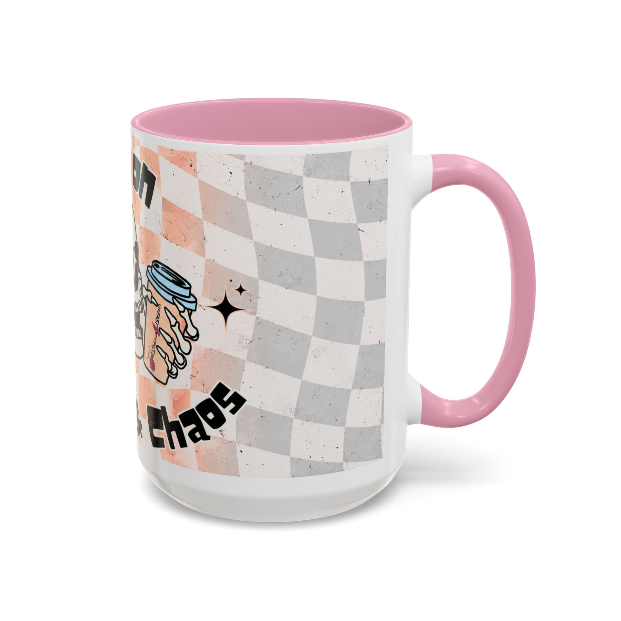 Skull & Coffee Ceramic Mug — 'Racing on Caffeine & Chaos' Checkerboard 15oz