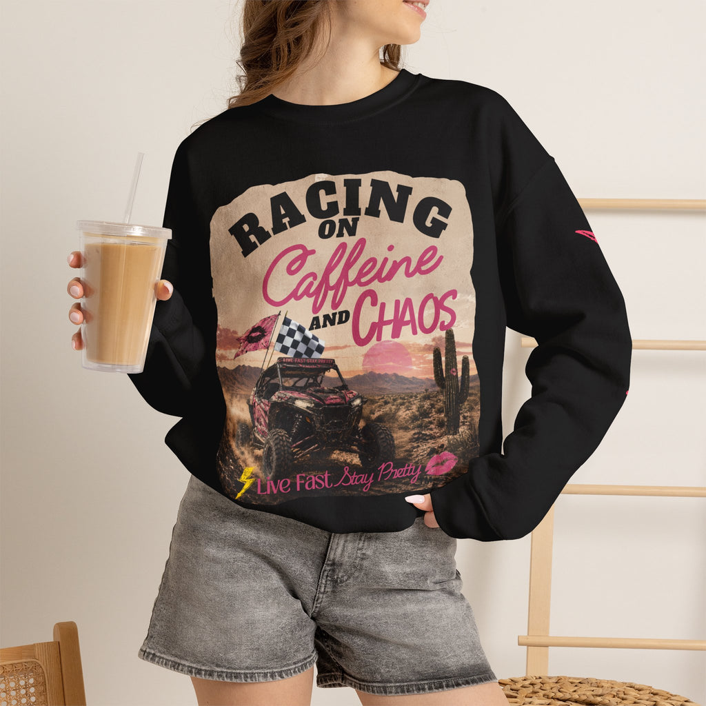 Crewneck Sweatshirt - "Racing on Caffeine and Chaos" Desert Off-Road Graphic