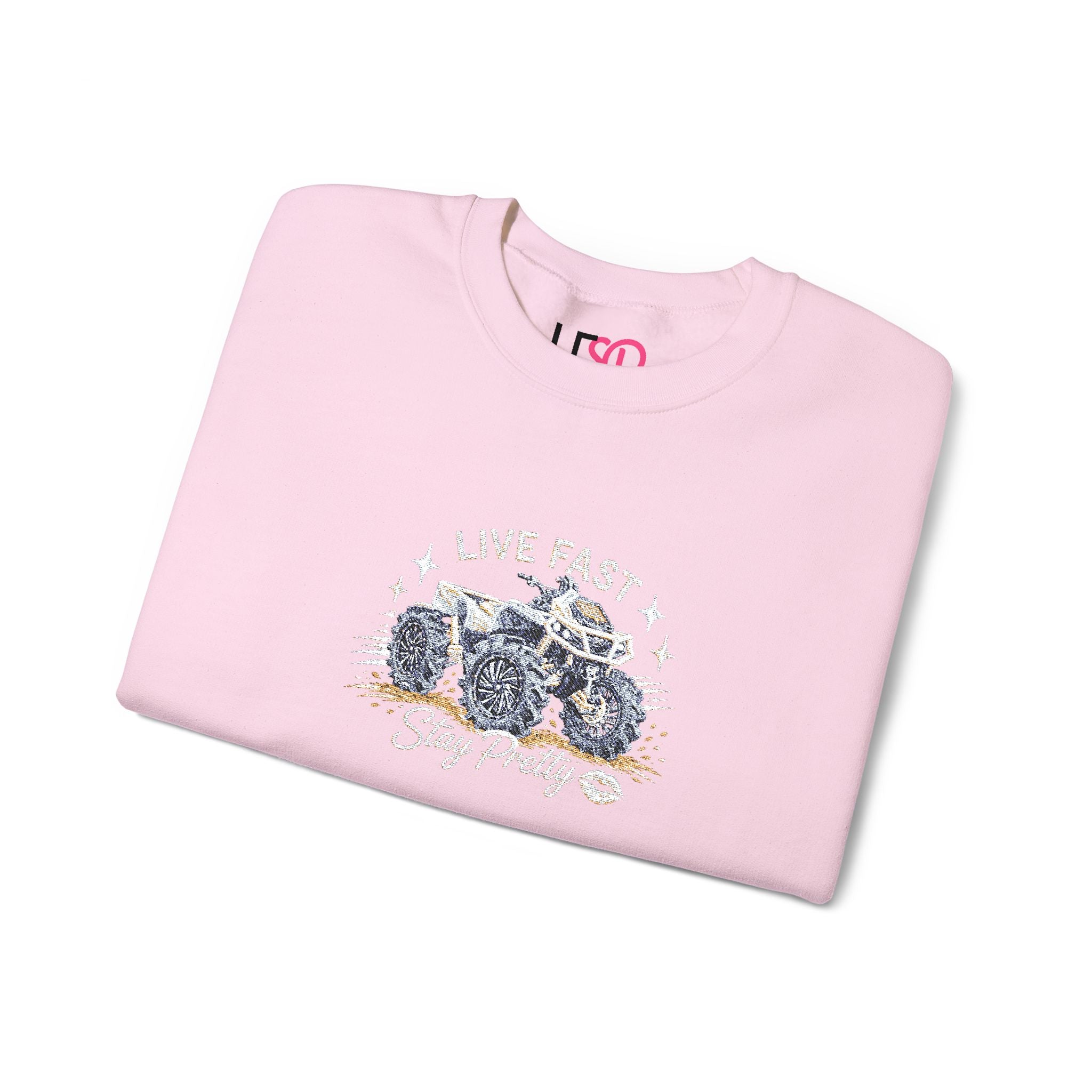 Embroidered Crewneck Sweatshirt — 'Live Fast, Stay Pretty' Mud 4-Wheeler