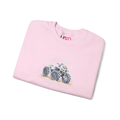 Embroidered Crewneck Sweatshirt — 'Live Fast, Stay Pretty' Mud 4-Wheeler