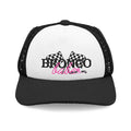 Bronco Babe Trucker Dog Hat — Pink Script & Checkered Flags Foam Cap