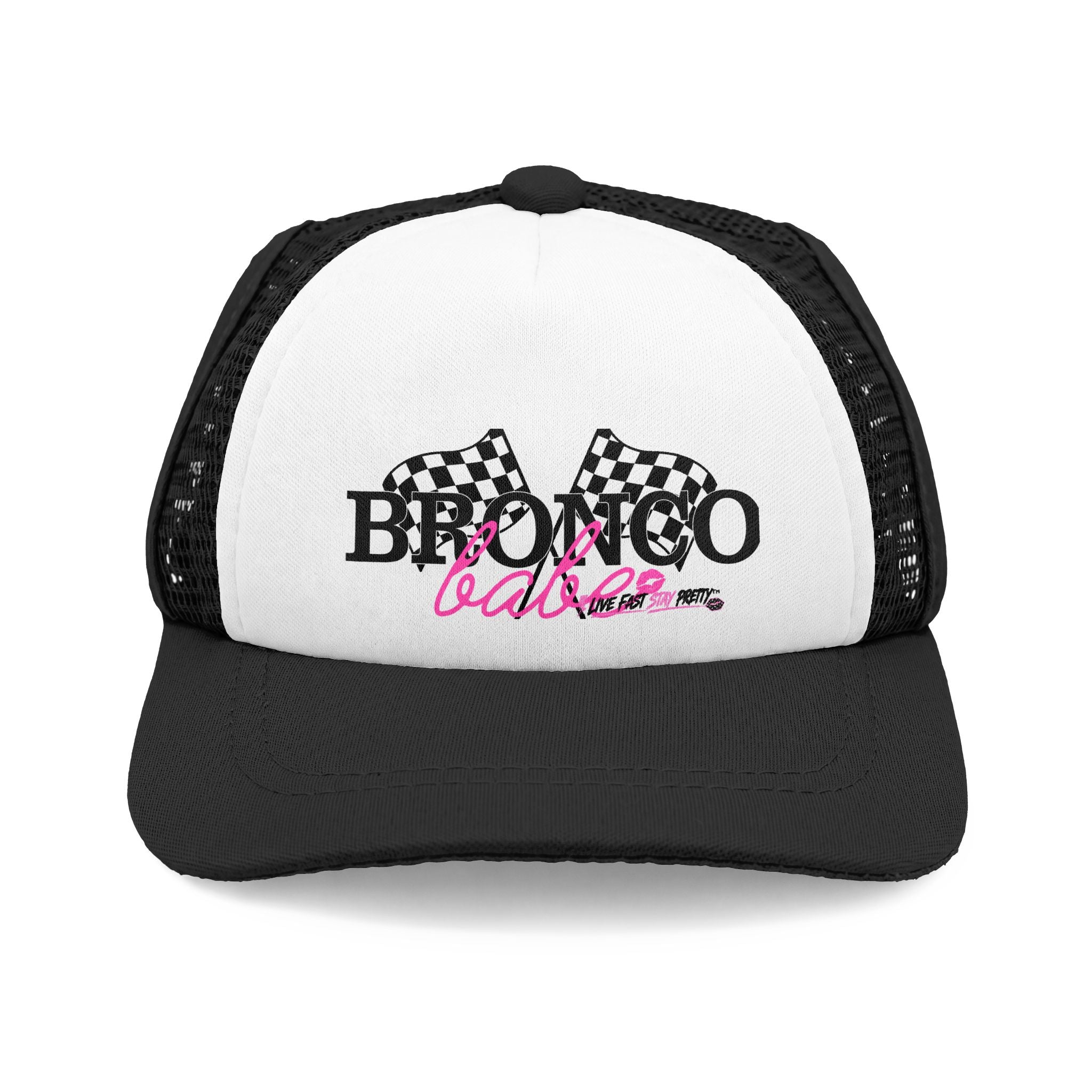 Bronco Babe Trucker Dog Hat — Pink Script & Checkered Flags Foam Cap