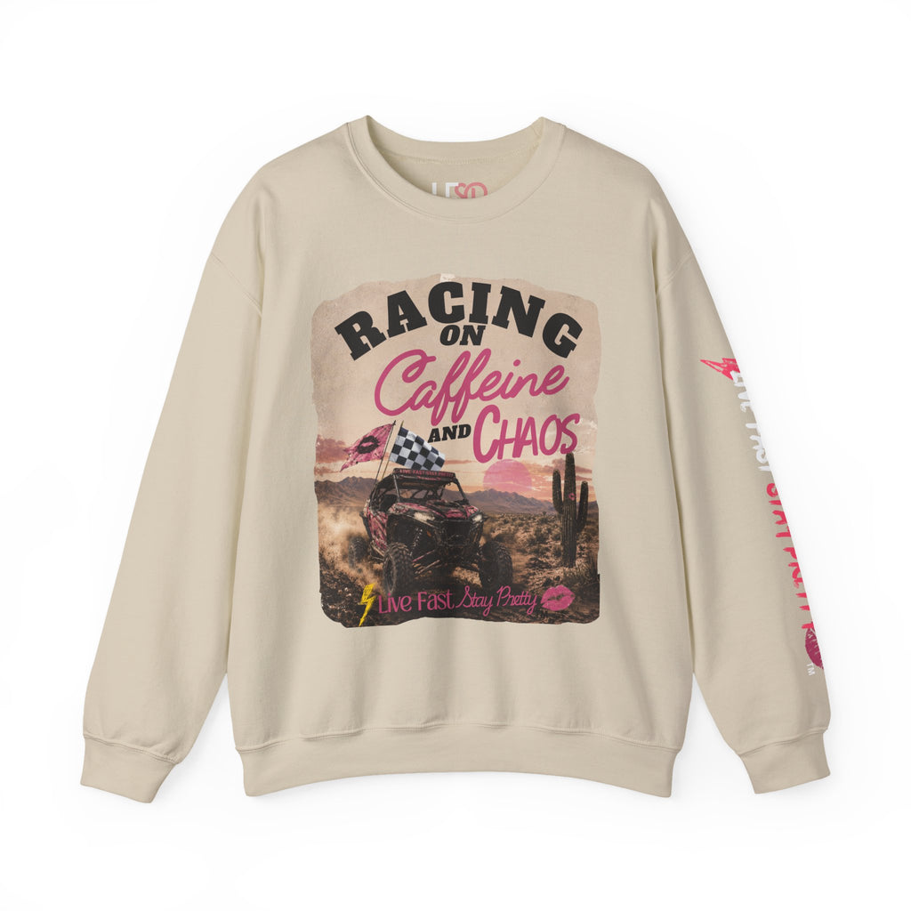 Crewneck Sweatshirt - "Racing on Caffeine and Chaos" Desert Off-Road Graphic