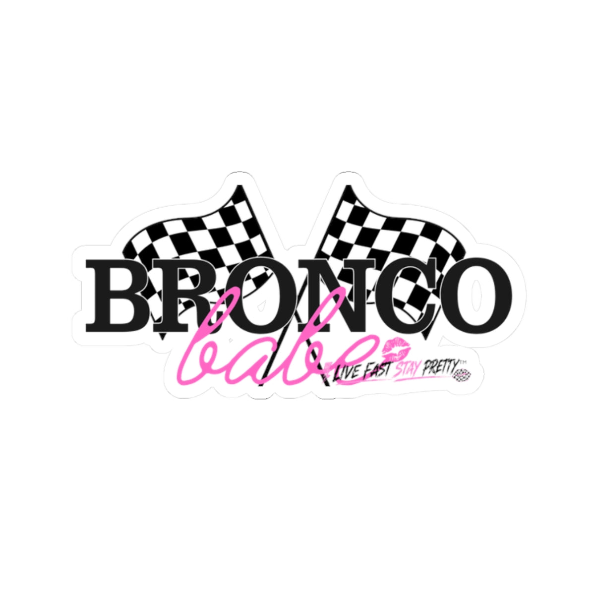 Bronco Babe Sticker — Checkered Flag Racing Decal with Pink Script