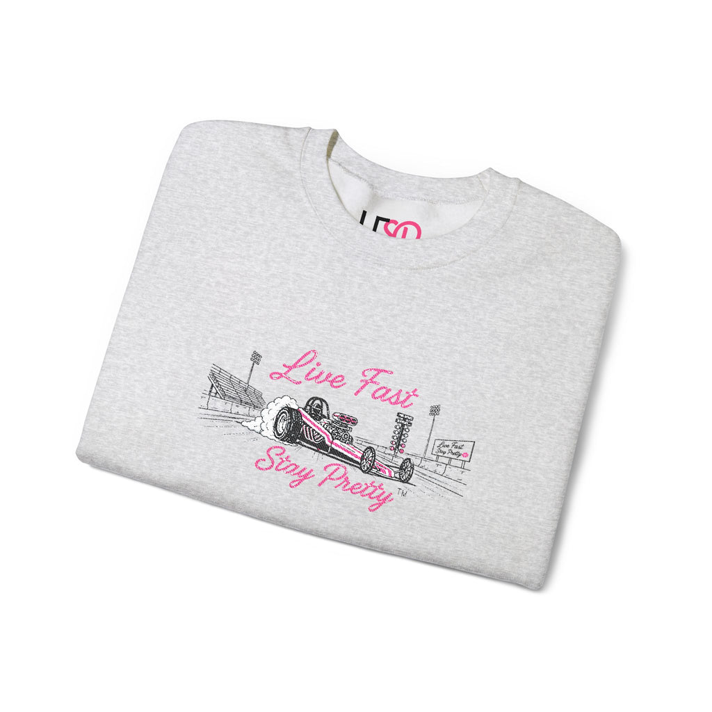 Embroidered Crewneck Sweatshirt — 'Live Fast, Stay Pretty' Vintage Drag Racing