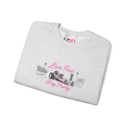 Embroidered Crewneck Sweatshirt — 'Live Fast, Stay Pretty' Vintage Drag Racing