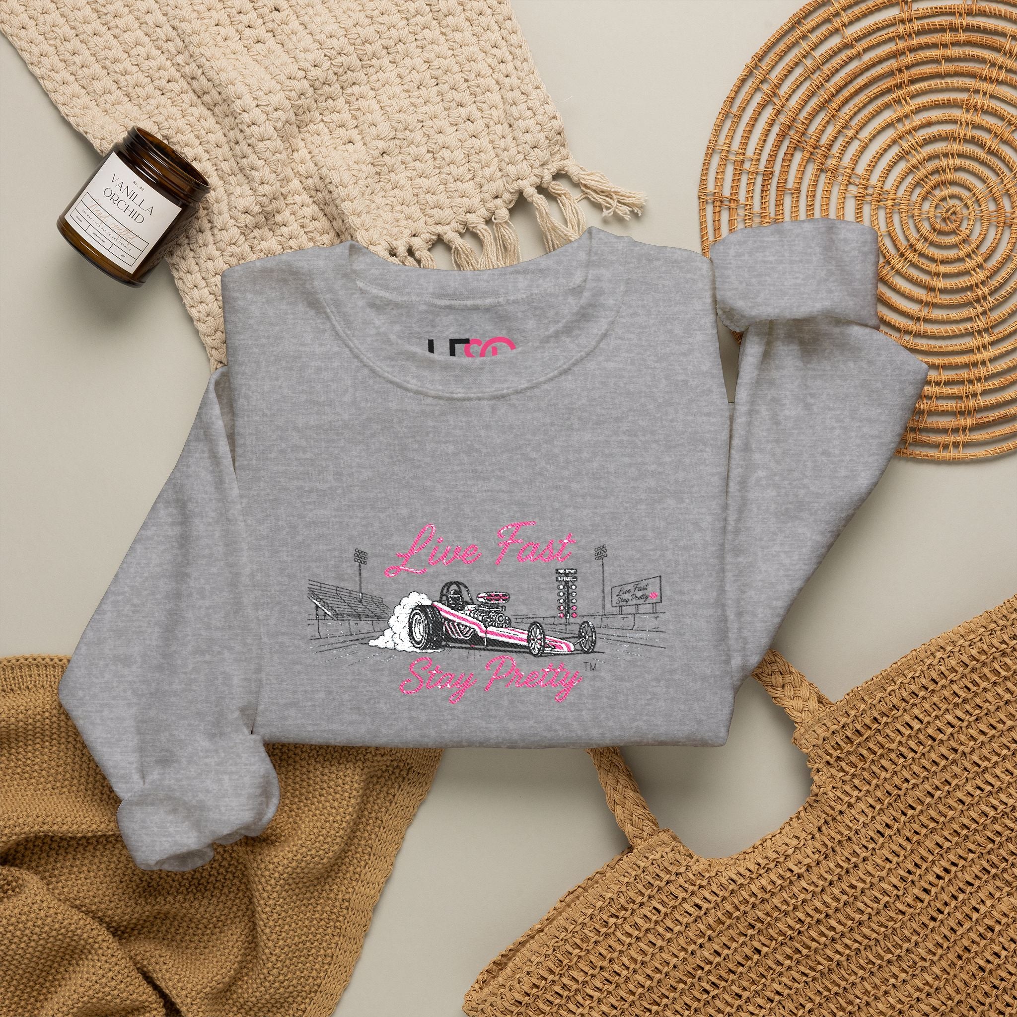 Embroidered Crewneck Sweatshirt — 'Live Fast, Stay Pretty' Vintage Drag Racing