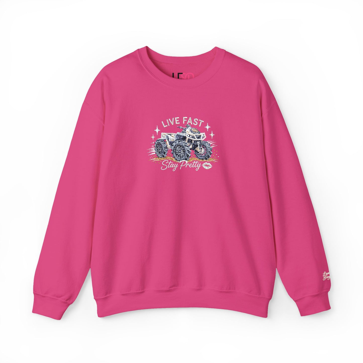 Embroidered Crewneck Sweatshirt — 'Live Fast, Stay Pretty' Mud 4-Wheeler
