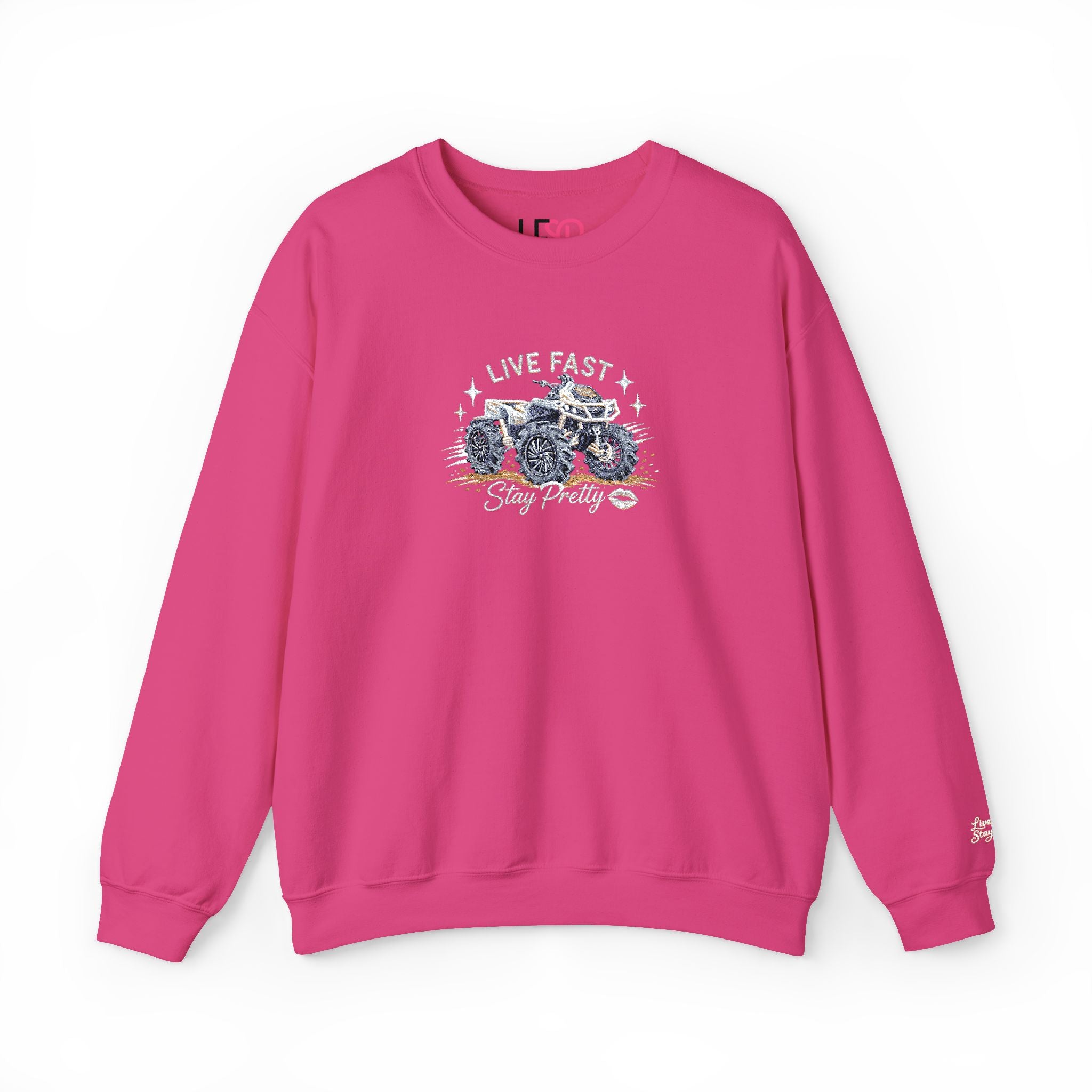 Embroidered Crewneck Sweatshirt — 'Live Fast, Stay Pretty' Mud 4-Wheeler