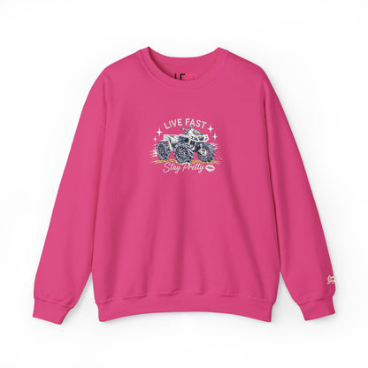 Embroidered Crewneck Sweatshirt — 'Live Fast, Stay Pretty' Mud 4-Wheeler