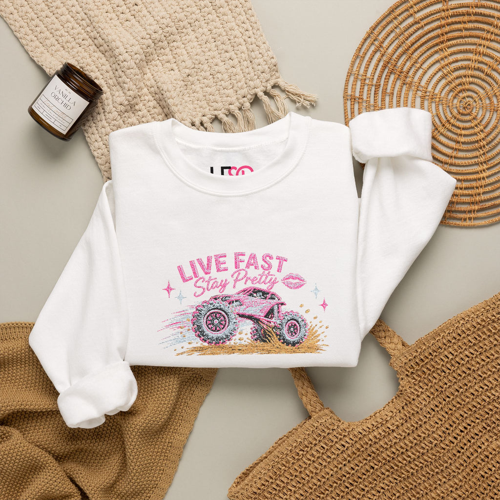 Embroidered Crewneck Sweatshirt — 'Live Fast, Stay Pretty Mud SXS