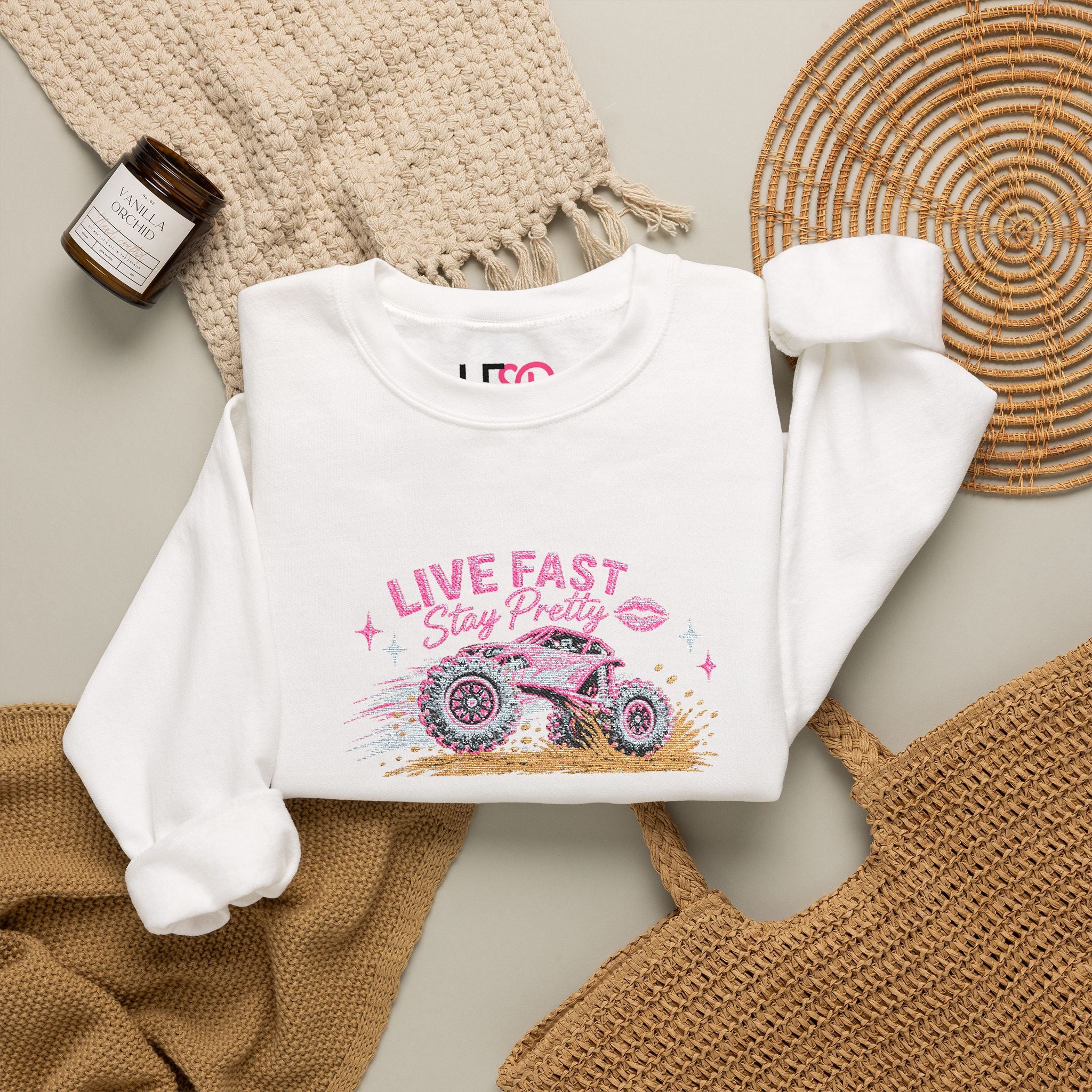 Embroidered Crewneck Sweatshirt — 'Live Fast, Stay Pretty Mud SXS