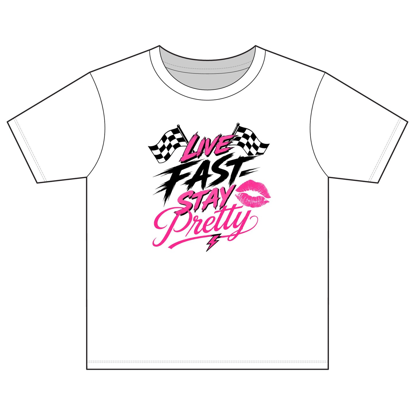 Live Fast Stay Pretty Youth Tee | Racing Flags, Pink Lip Graphic