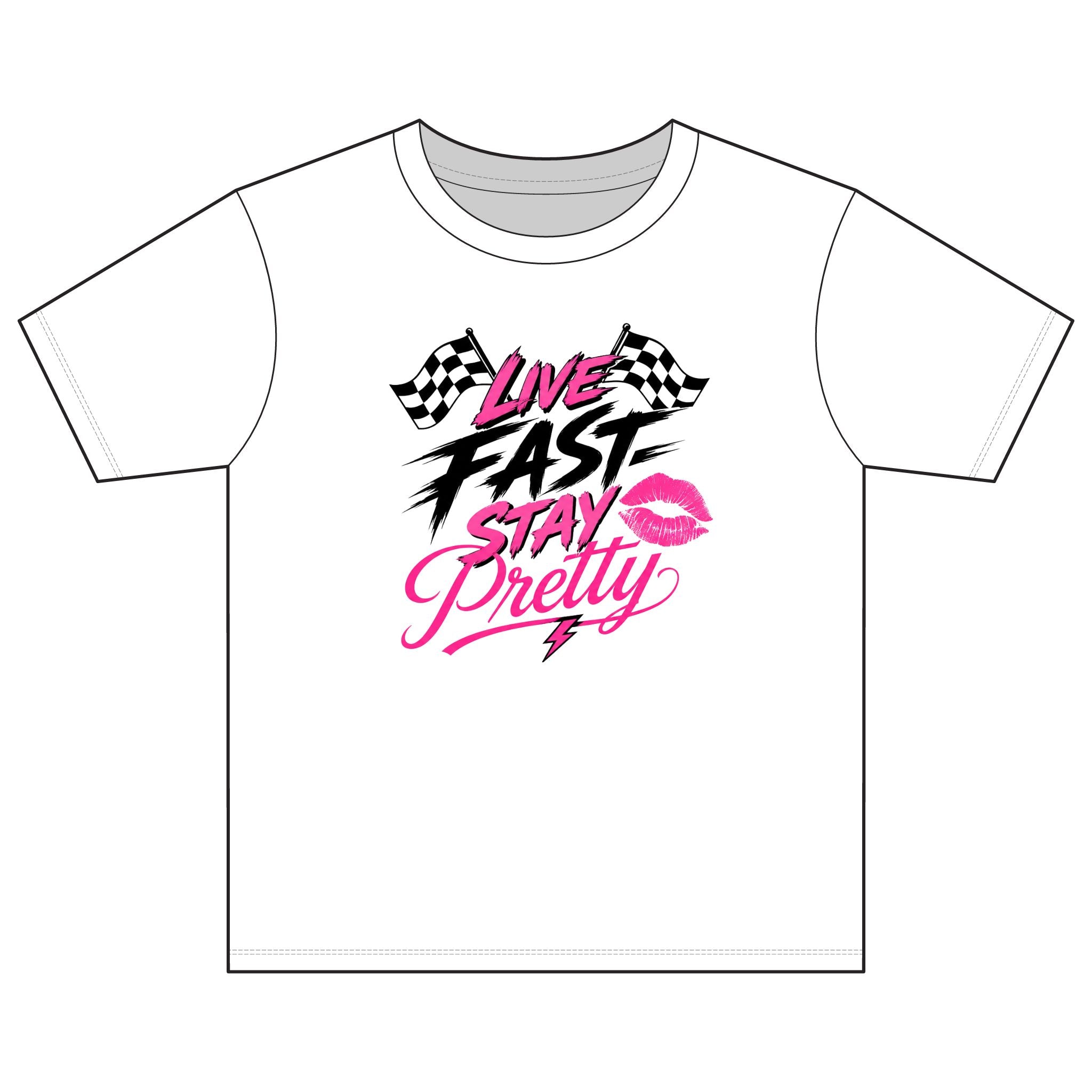 Live Fast Stay Pretty Youth Tee | Racing Flags, Pink Lip Graphic