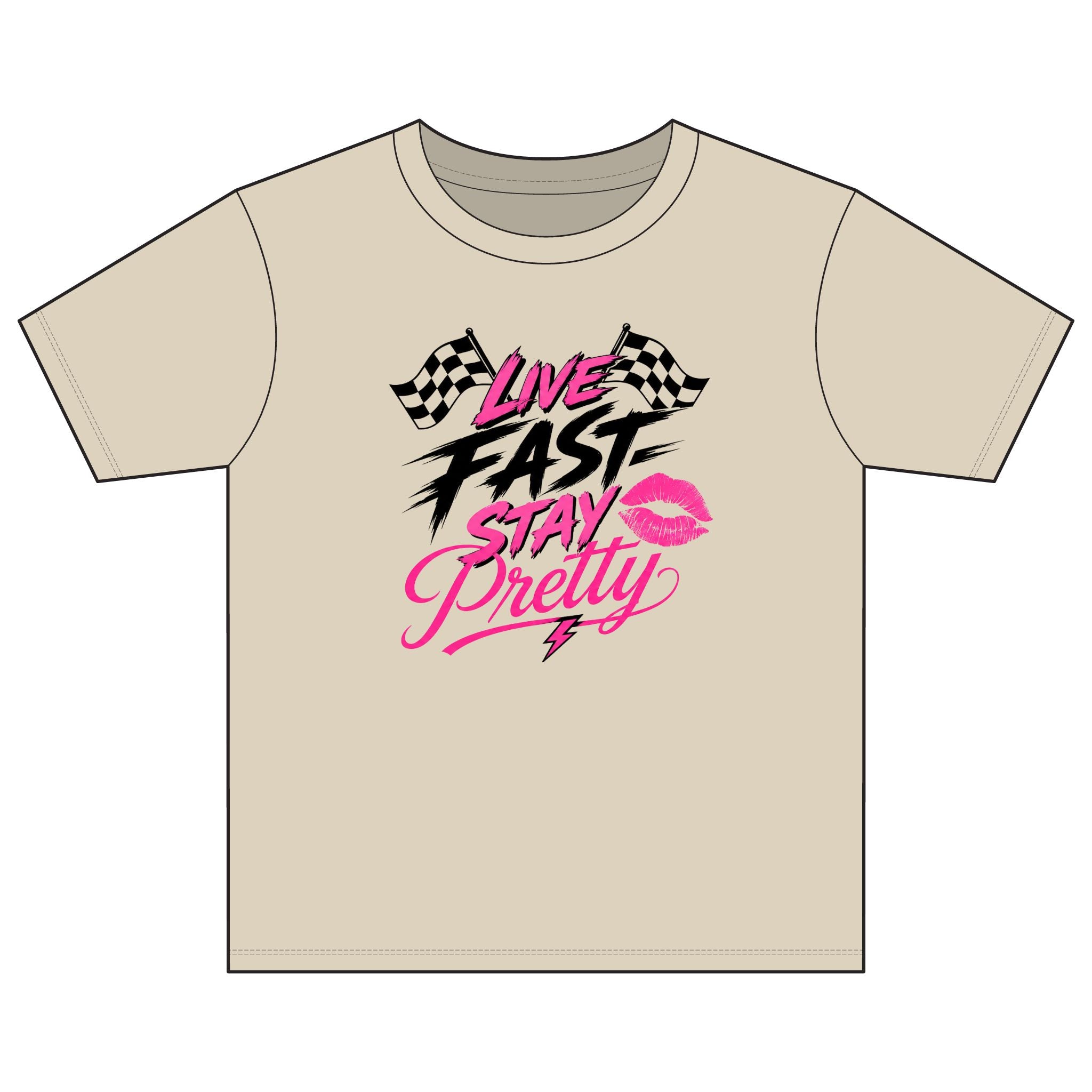 Live Fast Stay Pretty Youth Tee | Racing Flags, Pink Lip Graphic