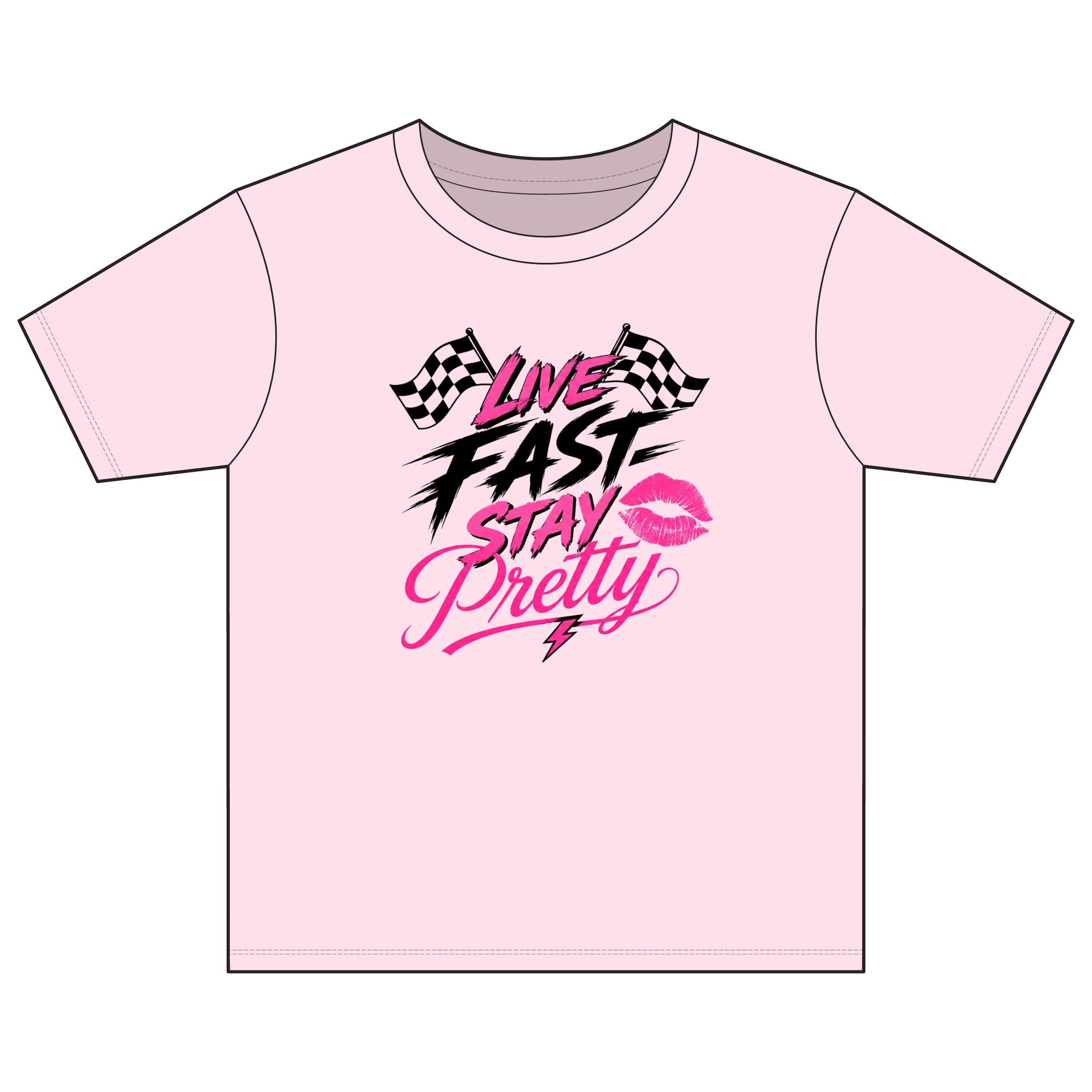 Live Fast Stay Pretty Youth Tee | Racing Flags, Pink Lip Graphic