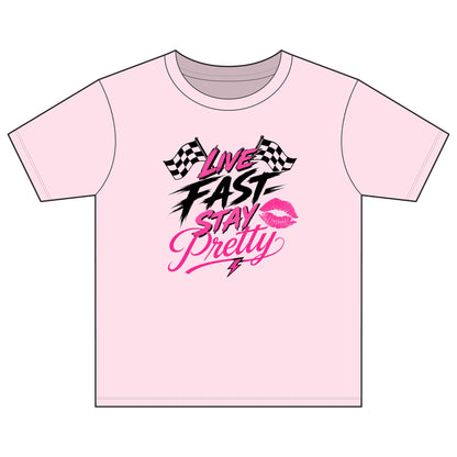 Live Fast Stay Pretty Youth Tee | Racing Flags, Pink Lip Graphic