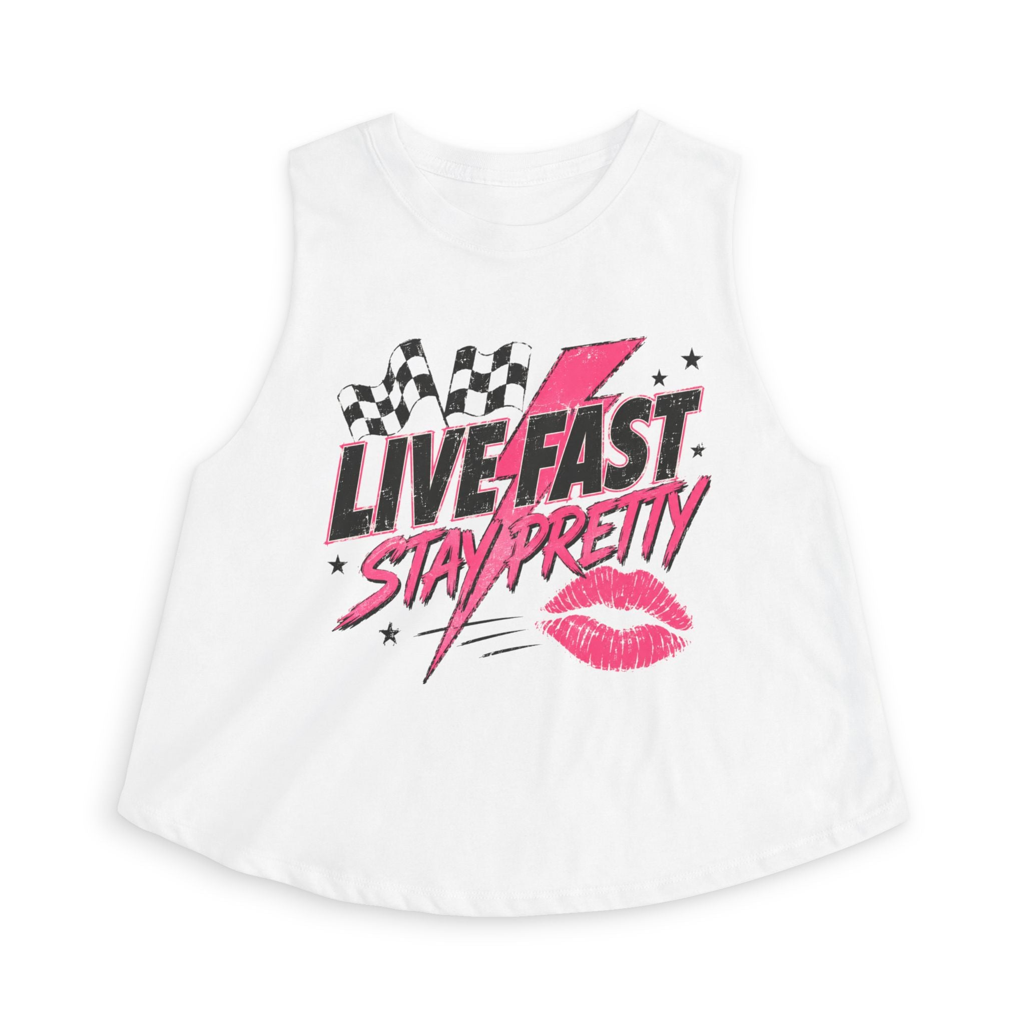 Live Fast Stay Pretty Crop Tank — Retro Racing Pink Graphic Women's Crop Top