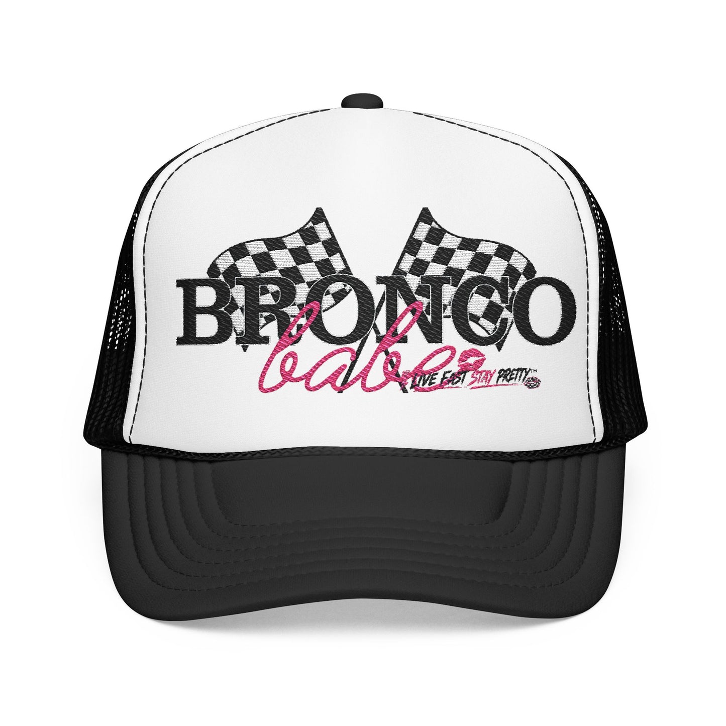 Trucker Hat — 'Bronco Babe' Racing Flags Foam Trucker Hat