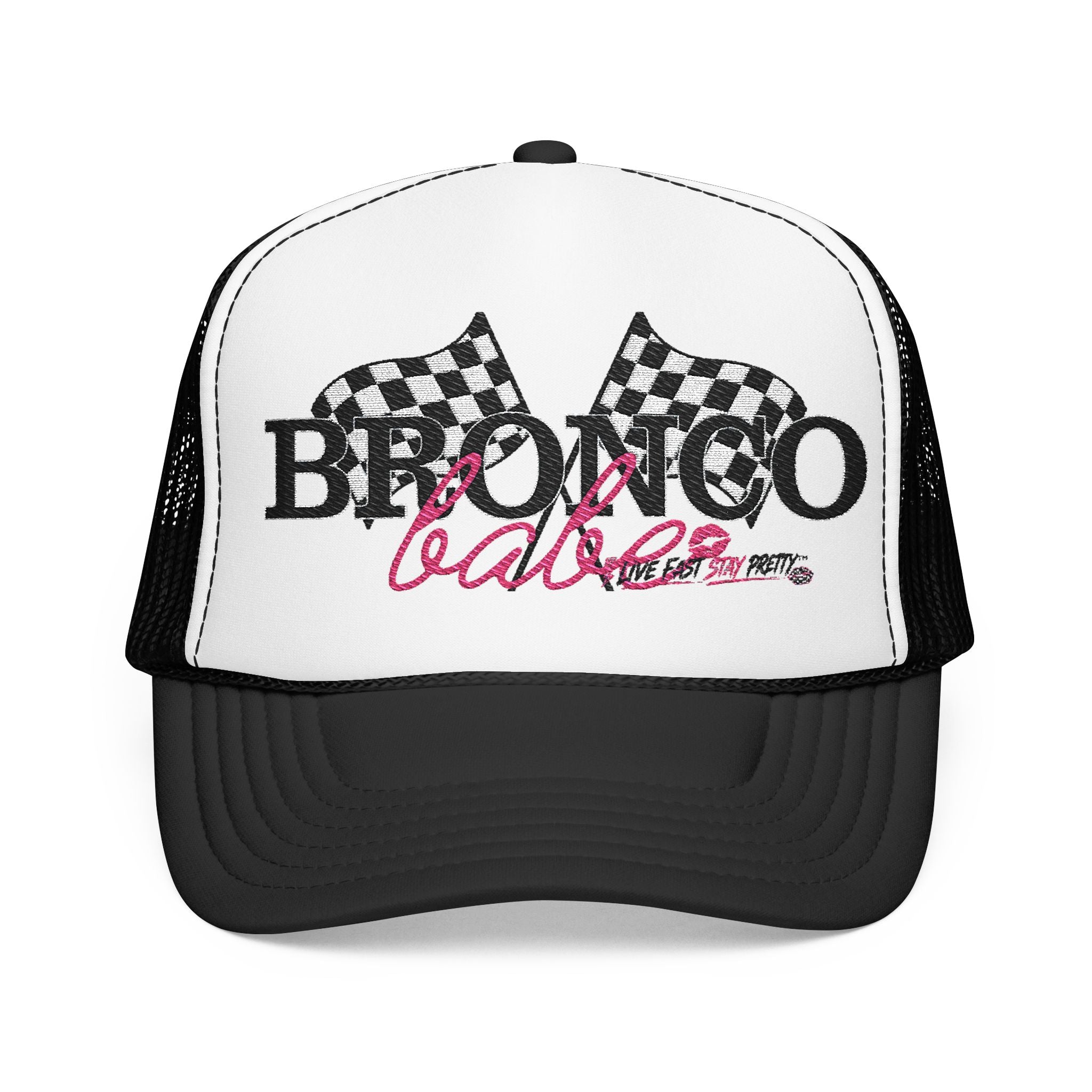 Trucker Hat — 'Bronco Baddie' Racing Flags Foam Trucker Hat