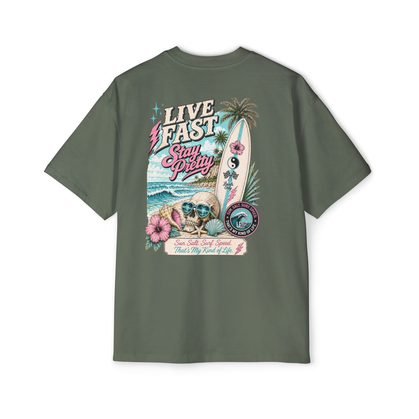 Live Fast Stay Pretty Oversized Heavy Tee — Vintage Surf Skull Graphic Shirt