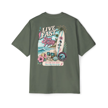 Live Fast Stay Pretty Oversized Heavy Tee — Vintage Surf Skull Graphic Shirt