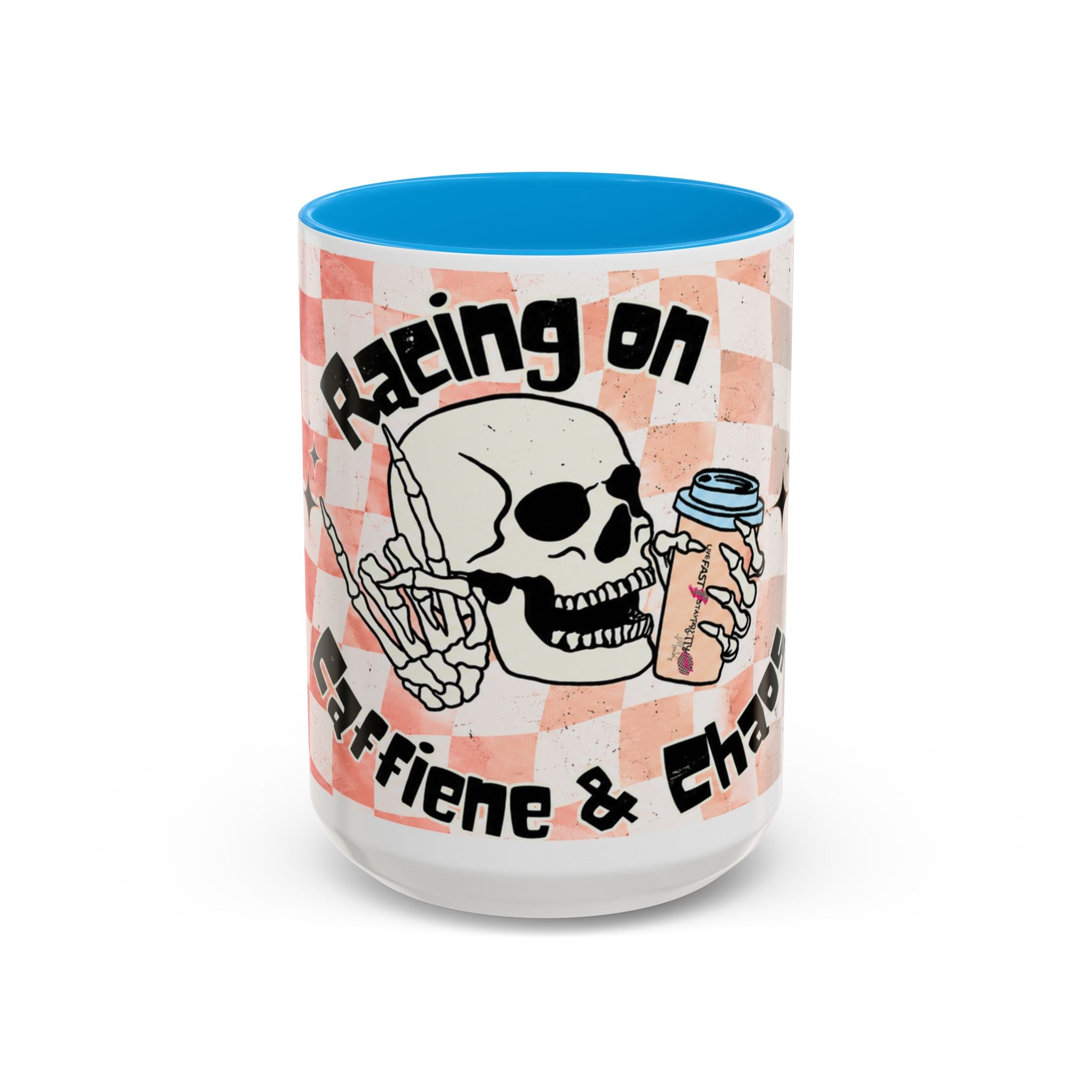 Skull & Coffee Ceramic Mug — 'Racing on Caffeine & Chaos' Checkerboard 15oz