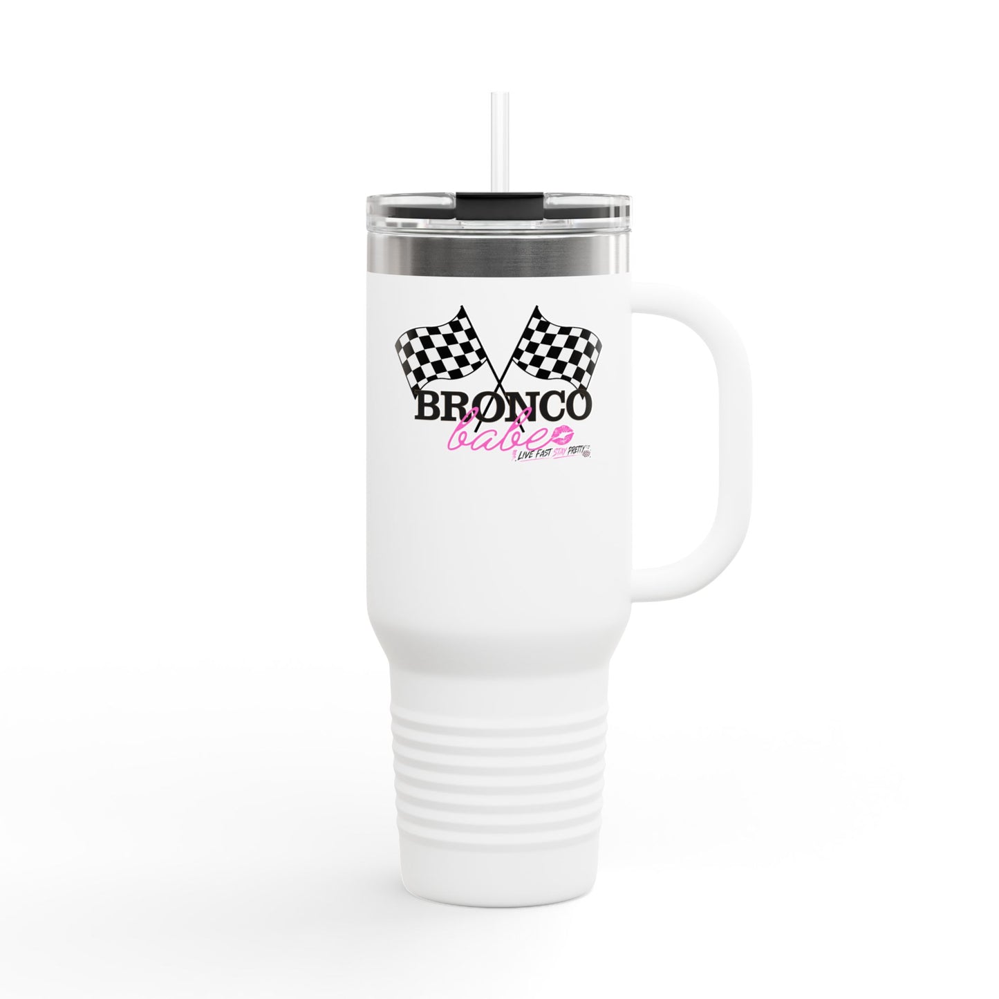 40oz Insulated Travel Mug — "Bronco Babe" Checkered Flag Design