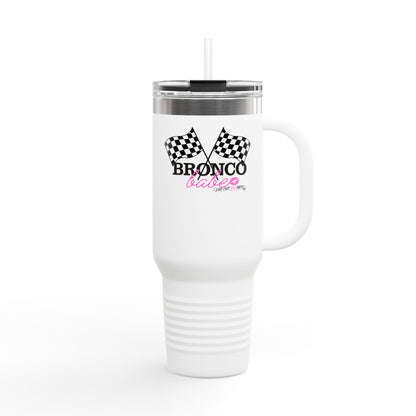40oz Insulated Travel Mug — "Bronco Babe" Checkered Flag Design