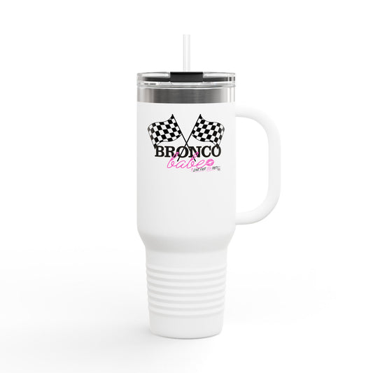 40oz Insulated Travel Mug — "Bronco Babe" Checkered Flag Design
