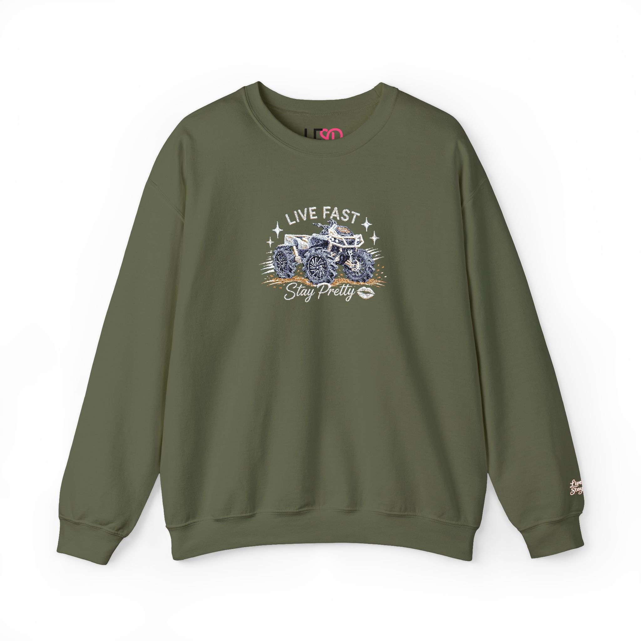 Embroidered Crewneck Sweatshirt — 'Live Fast, Stay Pretty' Mud 4-Wheeler