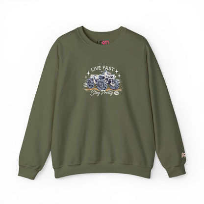 Embroidered Crewneck Sweatshirt — 'Live Fast, Stay Pretty' Mud 4-Wheeler