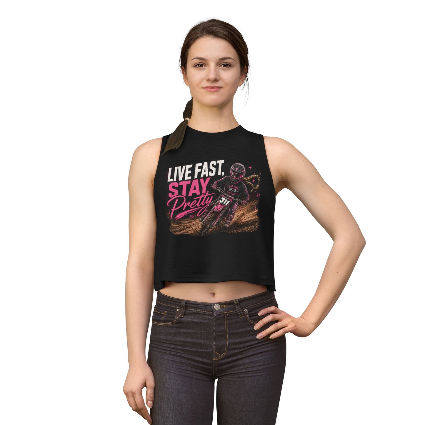 Live Fast Stay Pretty Dirt Bike Racer Crop Top | Moto Graphic Tank