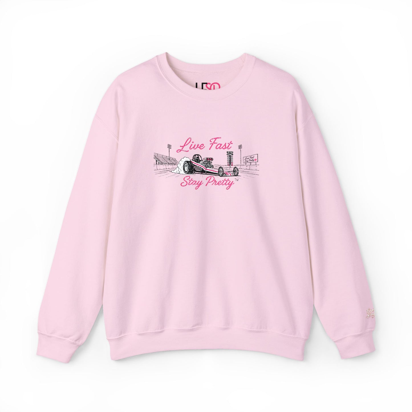 Embroidered Crewneck Sweatshirt — 'Live Fast, Stay Pretty' Vintage Drag Racing