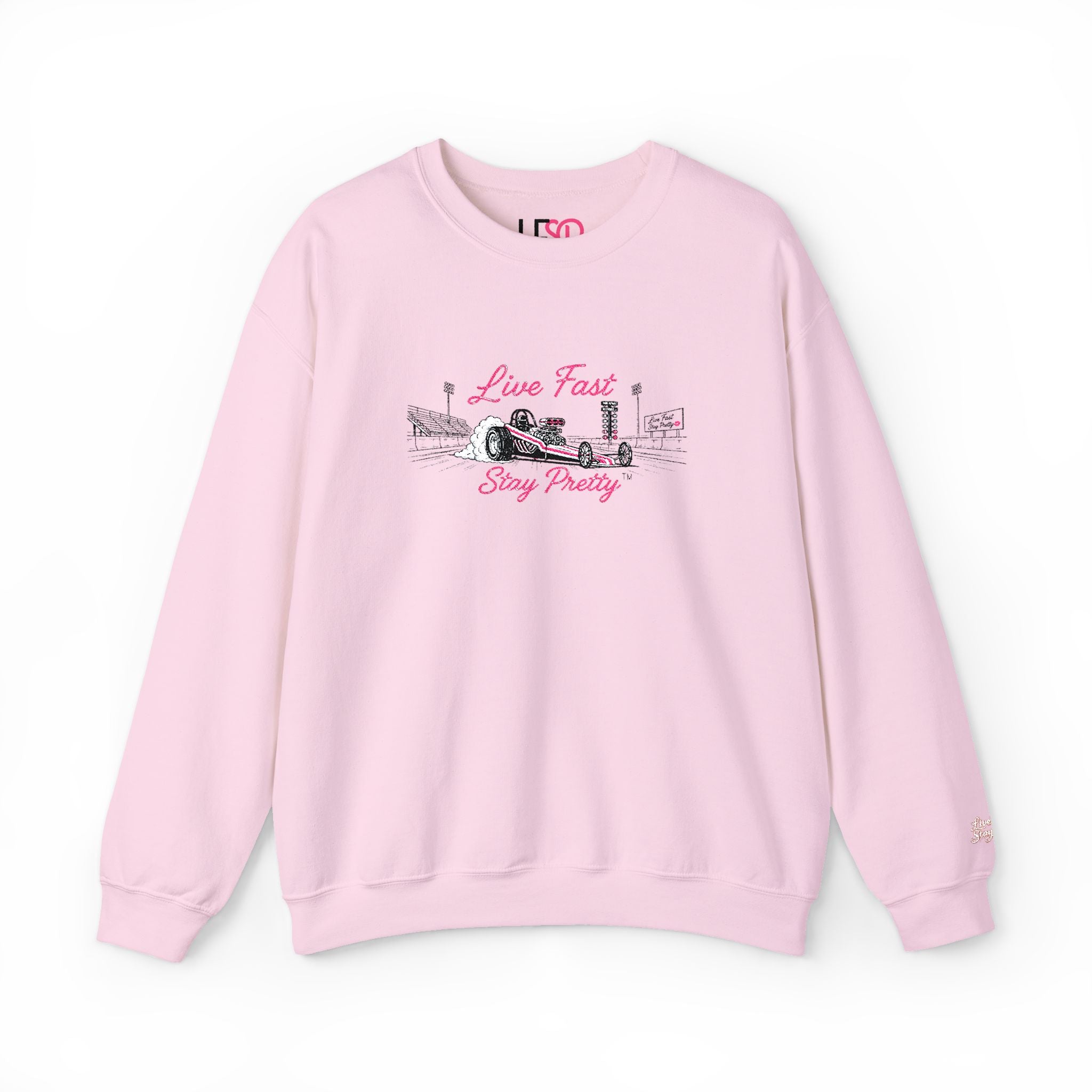 Embroidered Crewneck Sweatshirt — 'Live Fast, Stay Pretty' Vintage Drag Racing