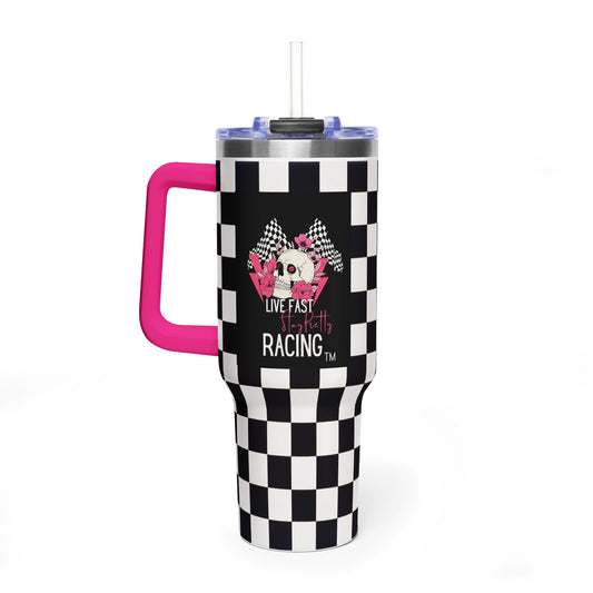 40oz Racing Checkered Vacuum Tumbler — "Live Fast Racing" Insulated Cup