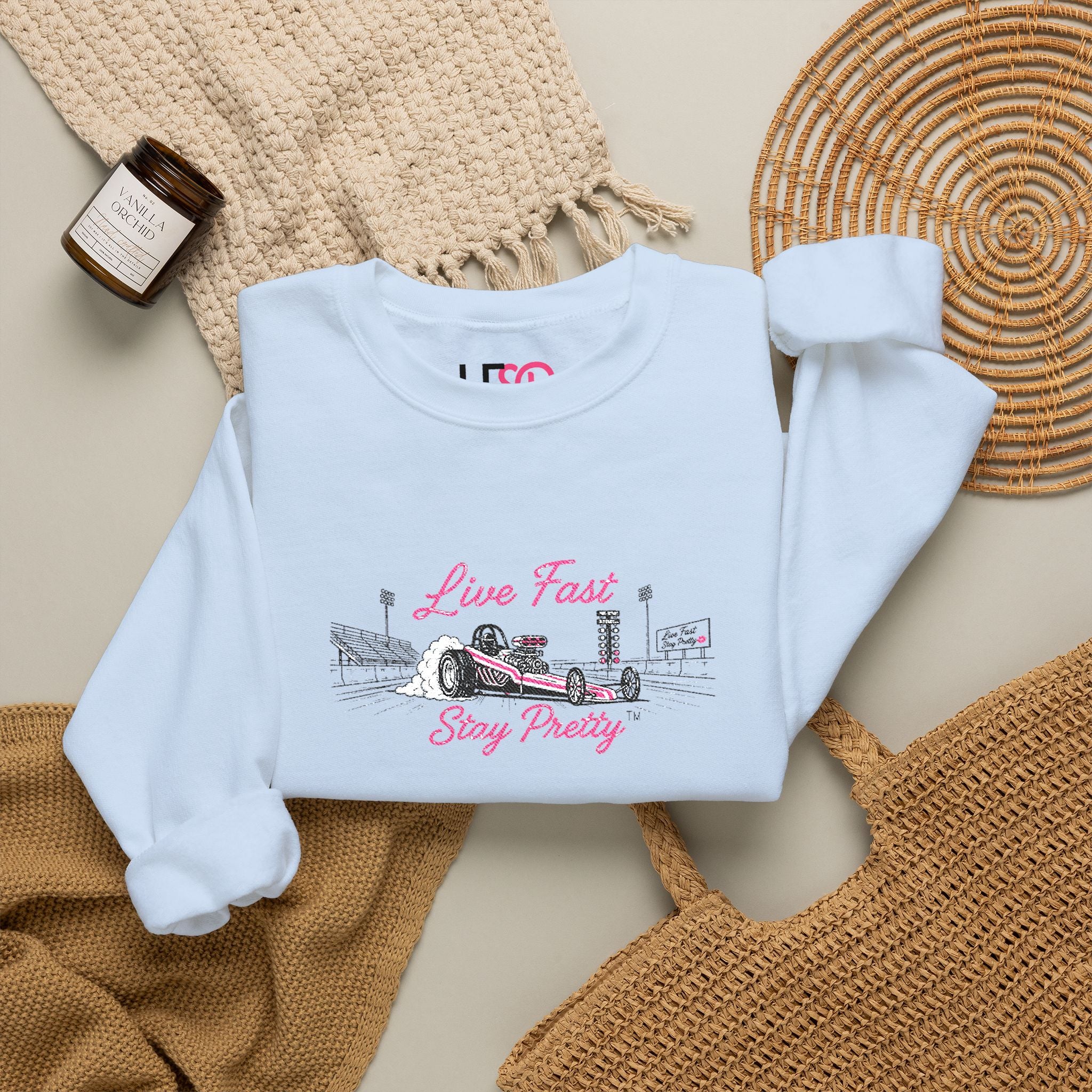 Embroidered Crewneck Sweatshirt — 'Live Fast, Stay Pretty' Vintage Drag Racing