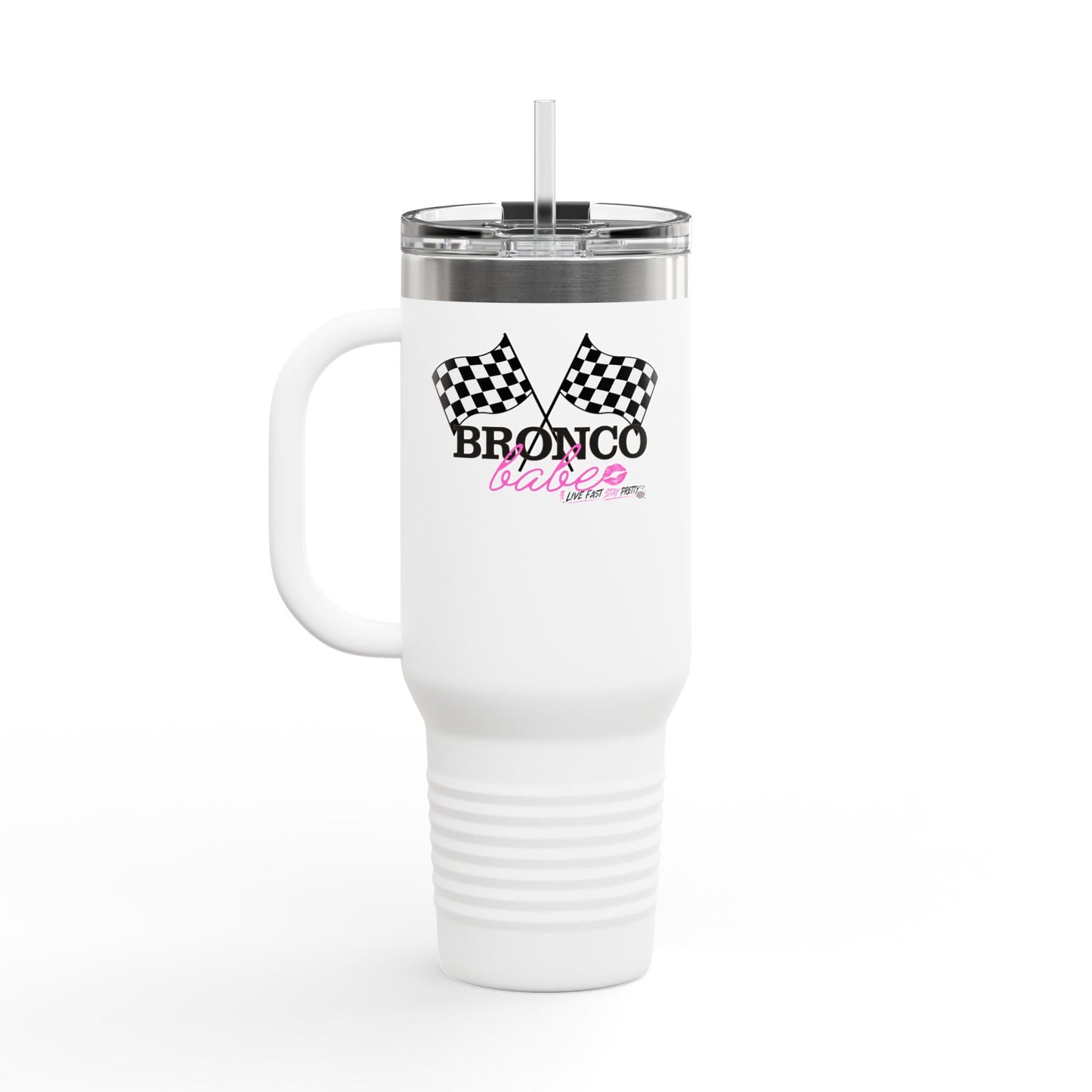 40oz Insulated Travel Mug — "Bronco Babe" Checkered Flag Design