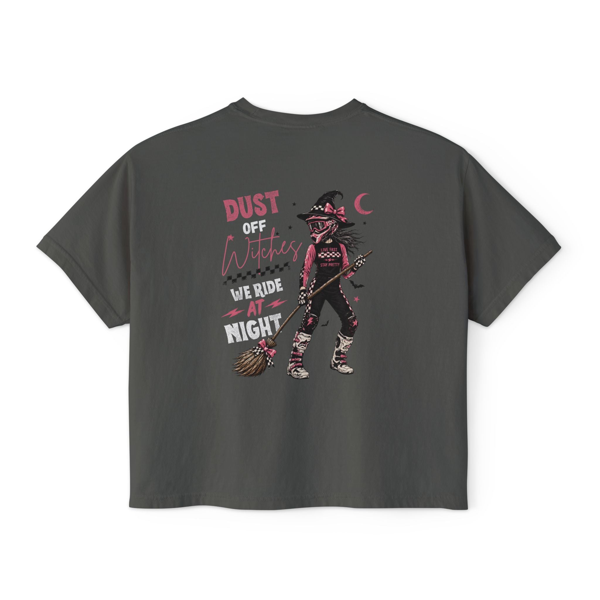 'Dust Off Witches We Ride At Night'-Womens Boxed Cropped Tee
