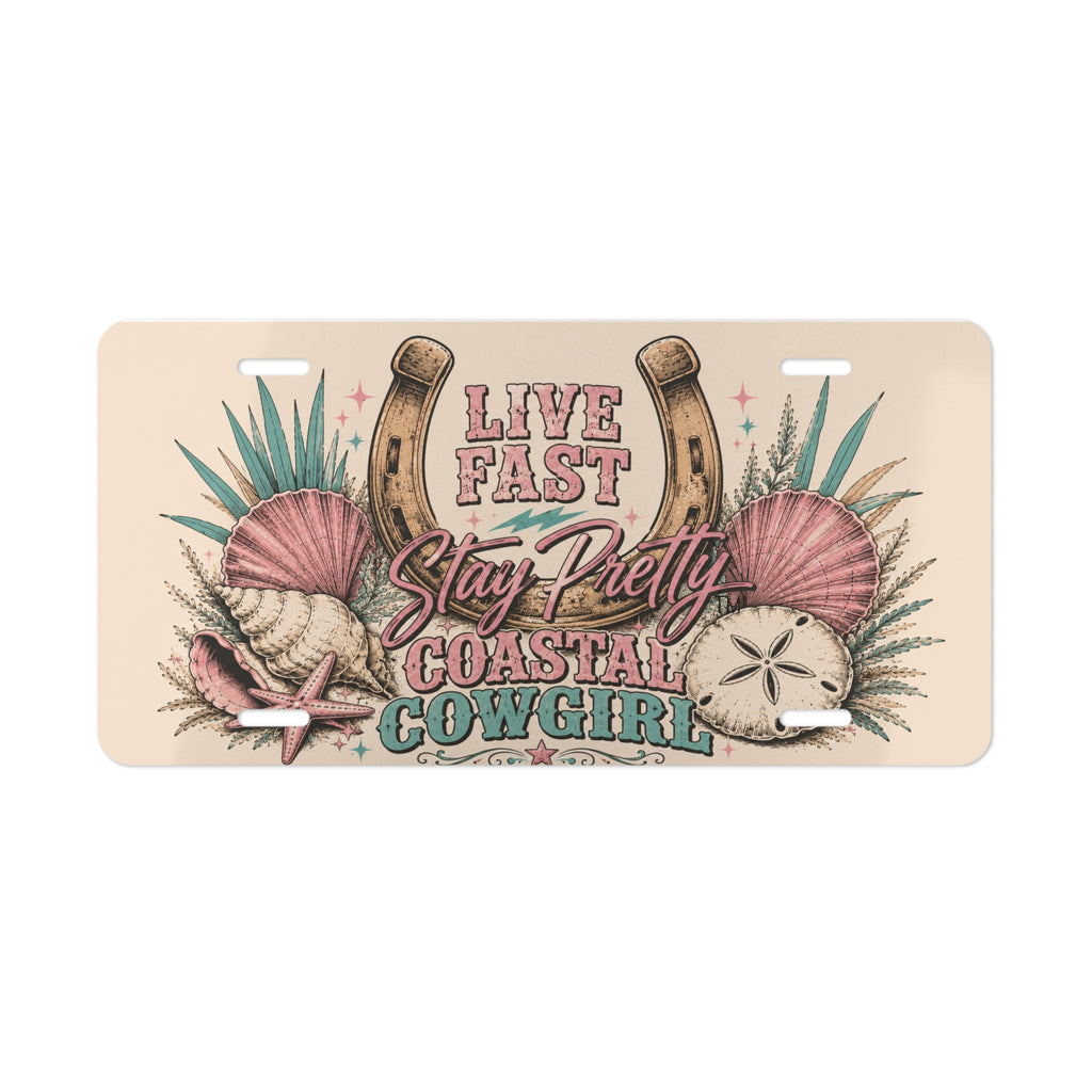 Live Fast Stay Pretty Coastal Cowgirl Vanity Plate | Horseshoe Seashells Beach License Plate