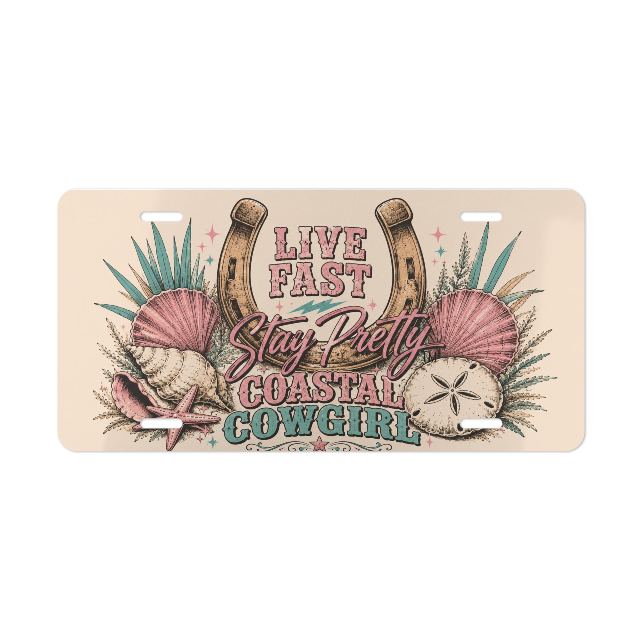 Live Fast Stay Pretty Coastal Cowgirl Vanity Plate | Horseshoe Seashells Beach License Plate