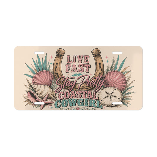 Live Fast Stay Pretty Coastal Cowgirl Vanity Plate | Horseshoe Seashells Beach License Plate