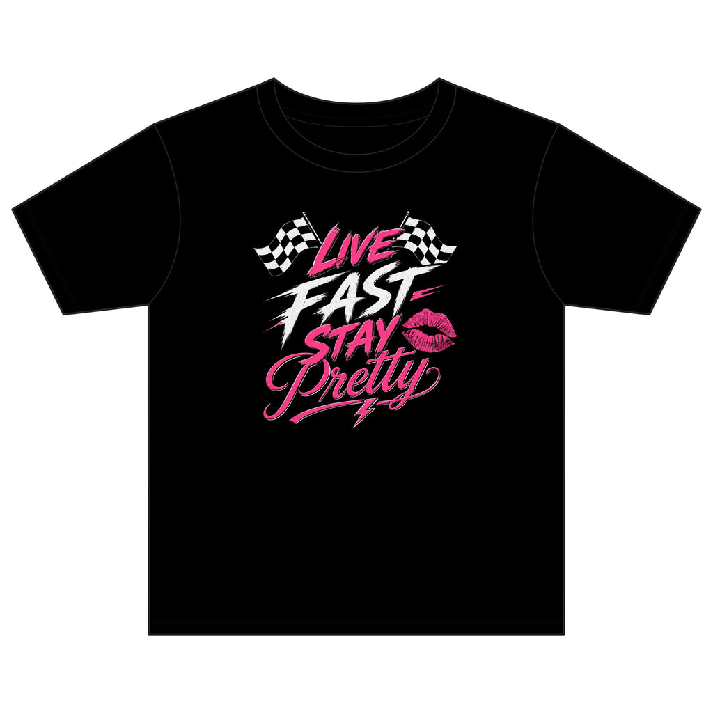 Live Fast Stay Pretty Youth Tee | Racing Flags, Pink Lip Graphic