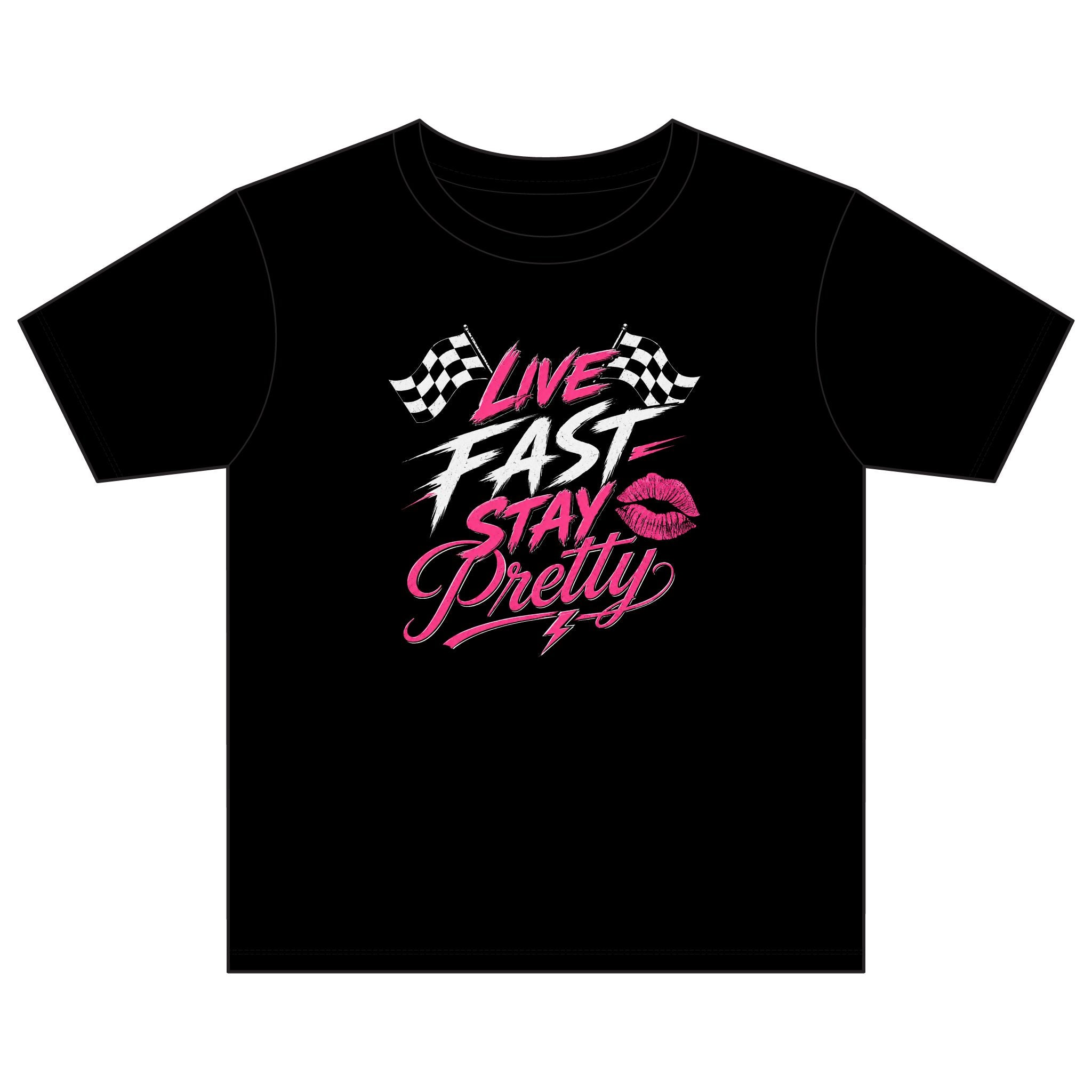 Live Fast Stay Pretty Youth Tee | Racing Flags, Pink Lip Graphic
