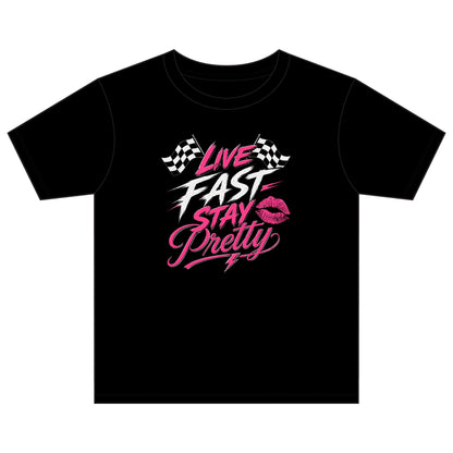 Live Fast Stay Pretty Youth Tee | Racing Flags, Pink Lip Graphic