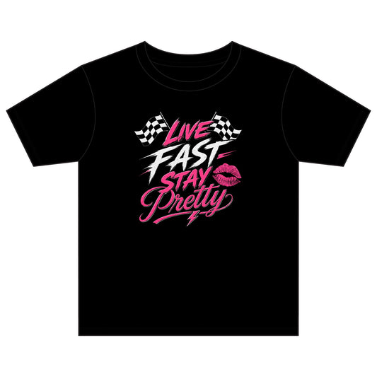 Live Fast Stay Pretty Youth Tee | Racing Flags, Pink Lip Graphic