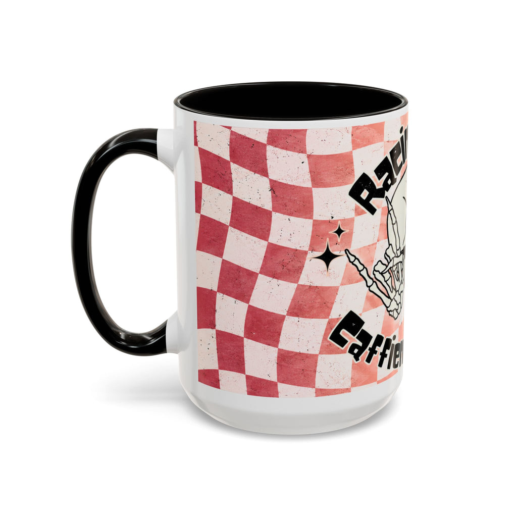 Skull & Coffee Ceramic Mug — 'Racing on Caffeine & Chaos' Checkerboard 15oz