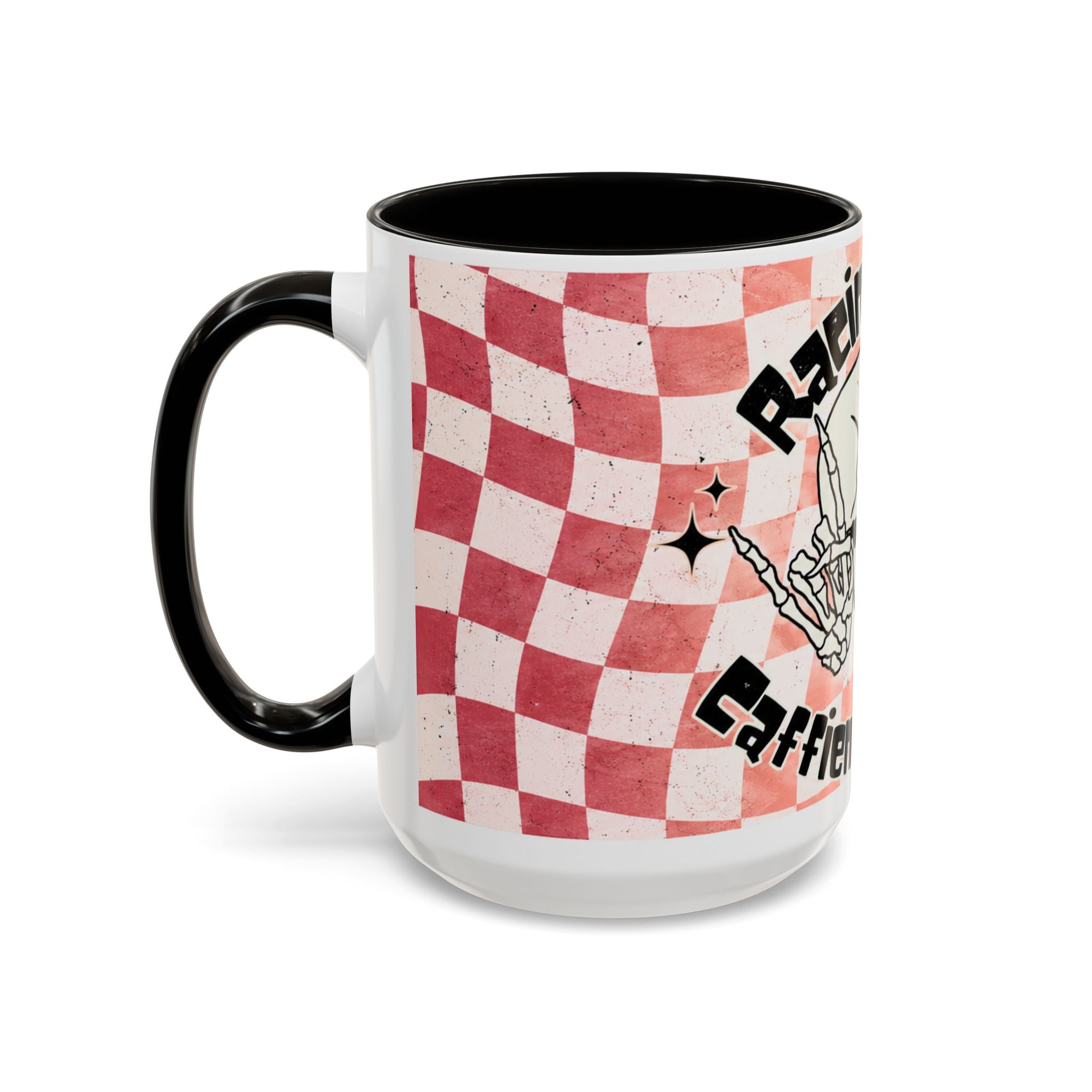 Skull & Coffee Ceramic Mug — 'Racing on Caffeine & Chaos' Checkerboard 15oz