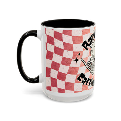 Skull & Coffee Ceramic Mug — 'Racing on Caffeine & Chaos' Checkerboard 15oz